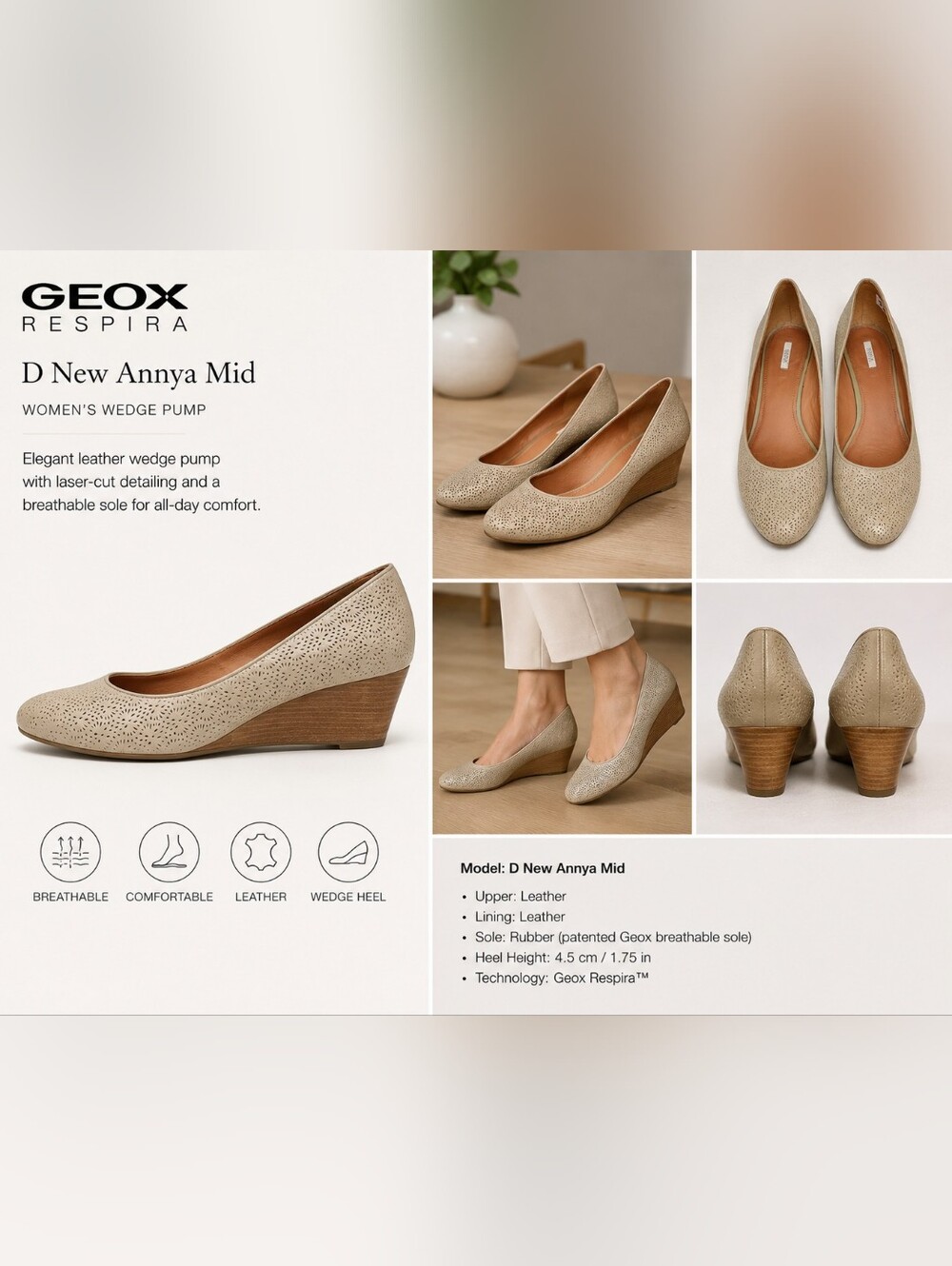 Geox Beige Laser Cut Leather Wedge Pumps Size 40 - Picture 2 of 10